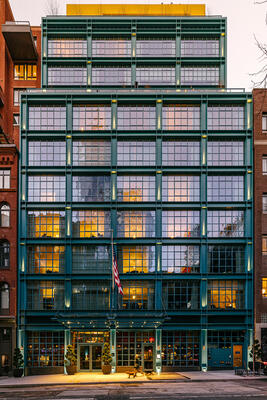 The entrance and windowpaned facade of the newly opened Warren Street Hotel