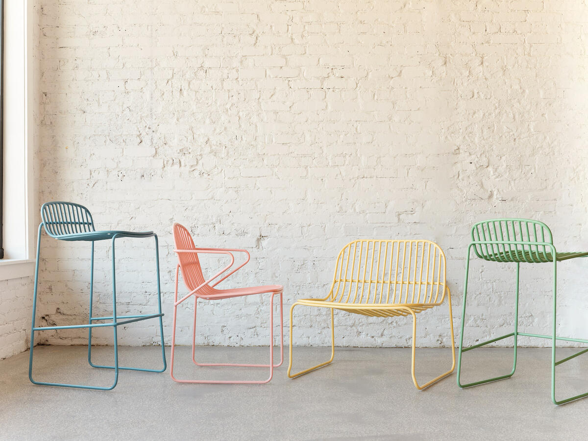 From left: The Tate counter stool in Blue Ivy, the Tate chair in Rosé Season, the Tate lounge chair in Lemonade and the Tate counter stool in Avocado Toast by Clare x Industry West From left: The Tate counter stool in Blue Ivy, the Tate chair in Rosé Season, the Tate lounge chair in Lemonade and the Tate counter stool in Avocado Toast by Clare x Industry West