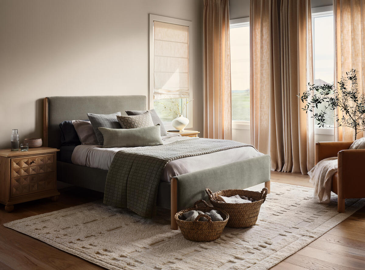 The Citizenry’s Jaya nightstand and stonewashed linen bedding in Seaglass The Citizenry’s Jaya nightstand and stonewashed linen bedding in Seaglass