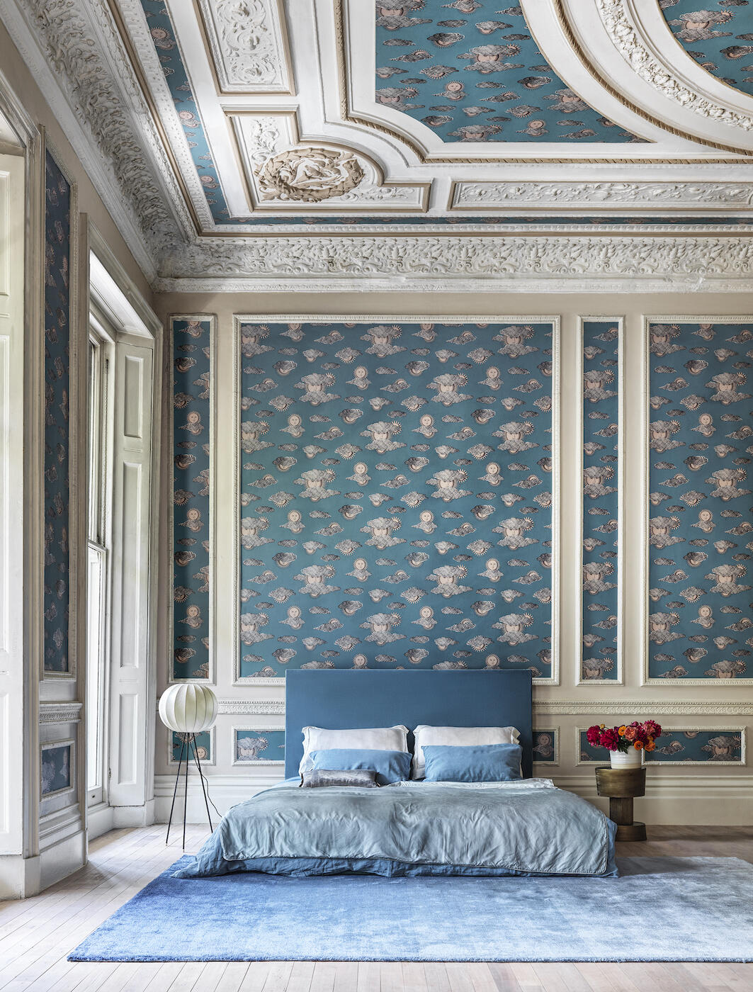 Cole & Son and Fornasetti’s Soli e Nuvole wallpaper in Teal 